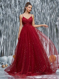 Mgiacy New V-Neck Spaghetti Strap Romantic Bridesmaid Dress With Pleats, Sequins And Mesh Maxi Skirt
