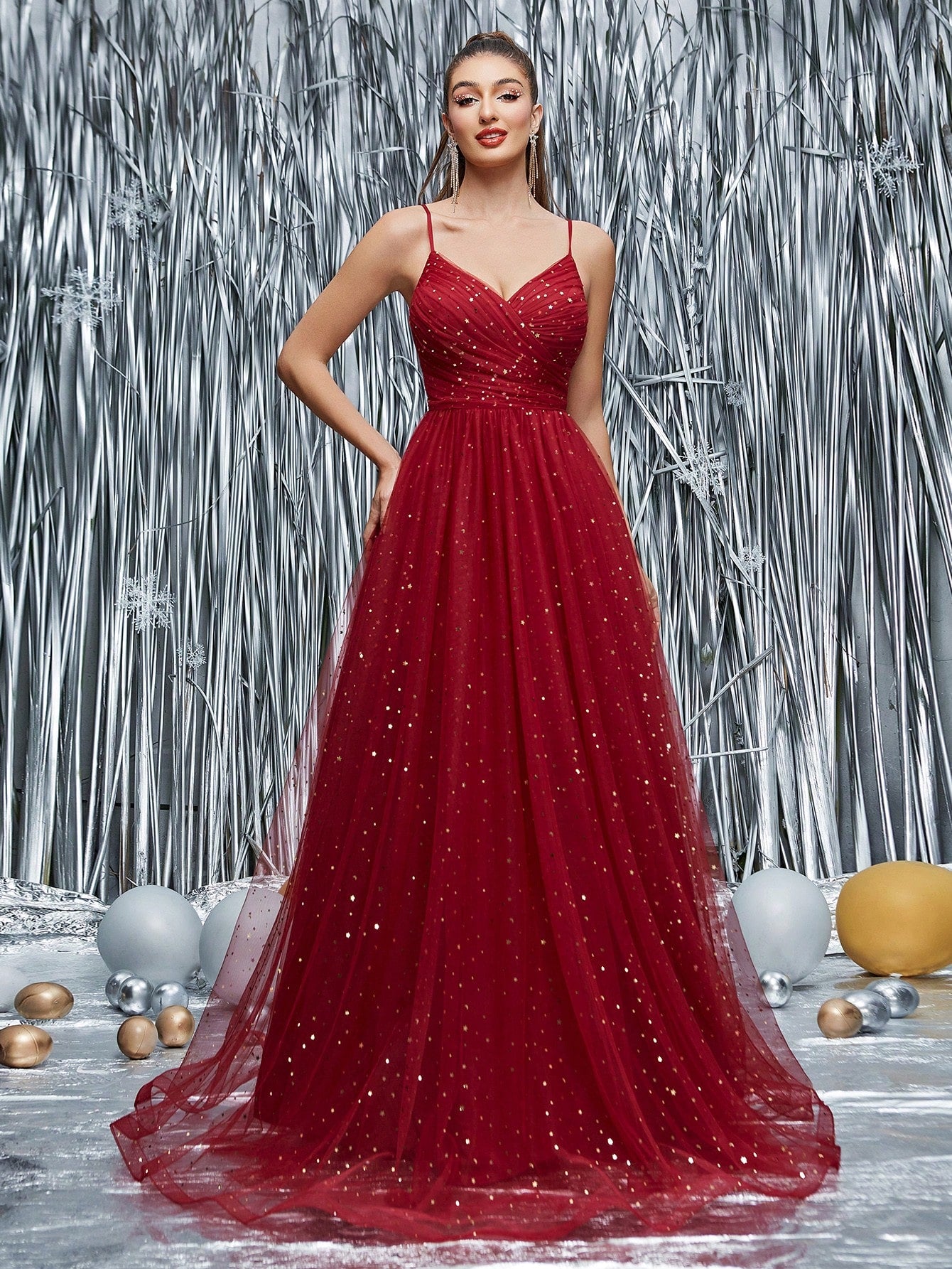 Mgiacy New V-Neck Spaghetti Strap Romantic Bridesmaid Dress With Pleats, Sequins And Mesh Maxi Skirt - image 6