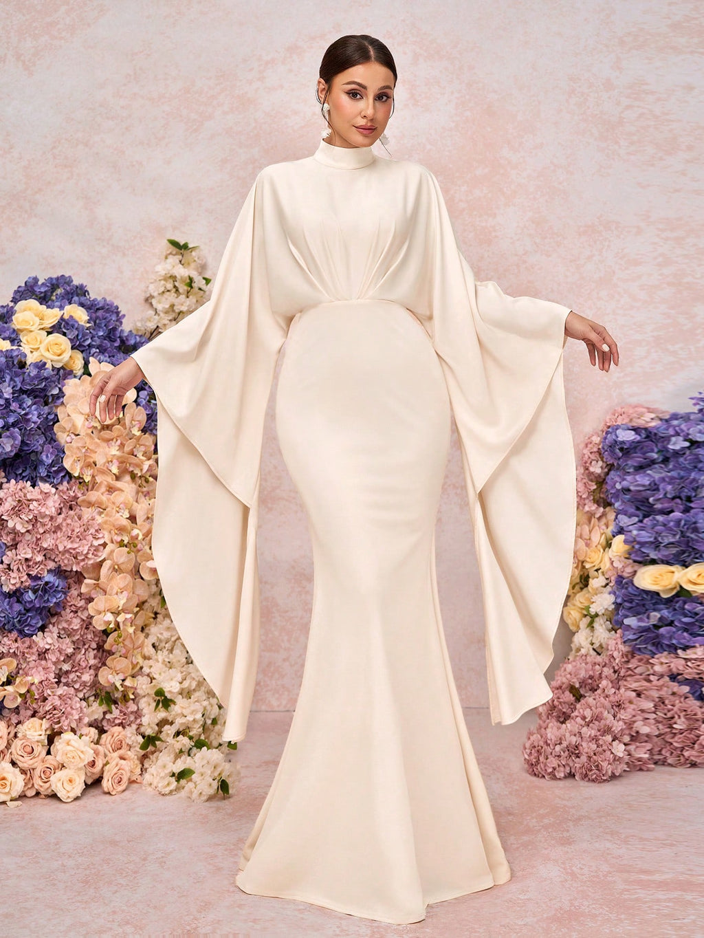 Belle Elegant White Summer Khaki Stand Collar Pleated Asymmetric Extra Long Sleeve Fitted Mermaid Wedding