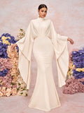Belle Elegant White Summer Khaki Stand Collar Pleated Asymmetric Extra Long Sleeve Fitted Mermaid Wedding