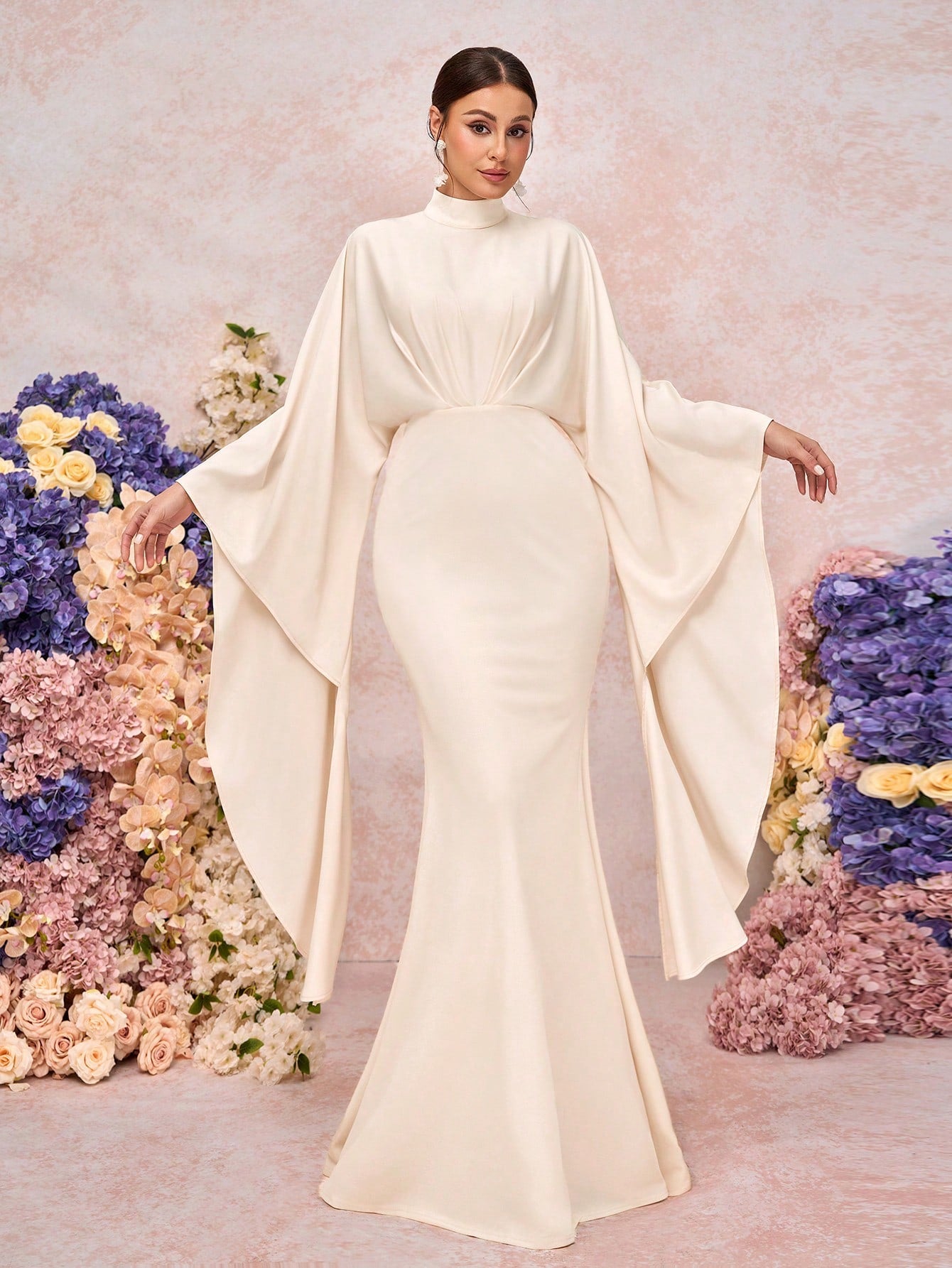 Belle Elegant White Summer Khaki Stand Collar Pleated Asymmetric Extra Long Sleeve Fitted Mermaid Wedding