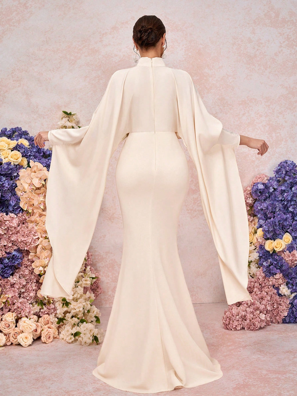 Belle Elegant White Summer Khaki Stand Collar Pleated Asymmetric Extra Long Sleeve Fitted Mermaid Wedding - image 2