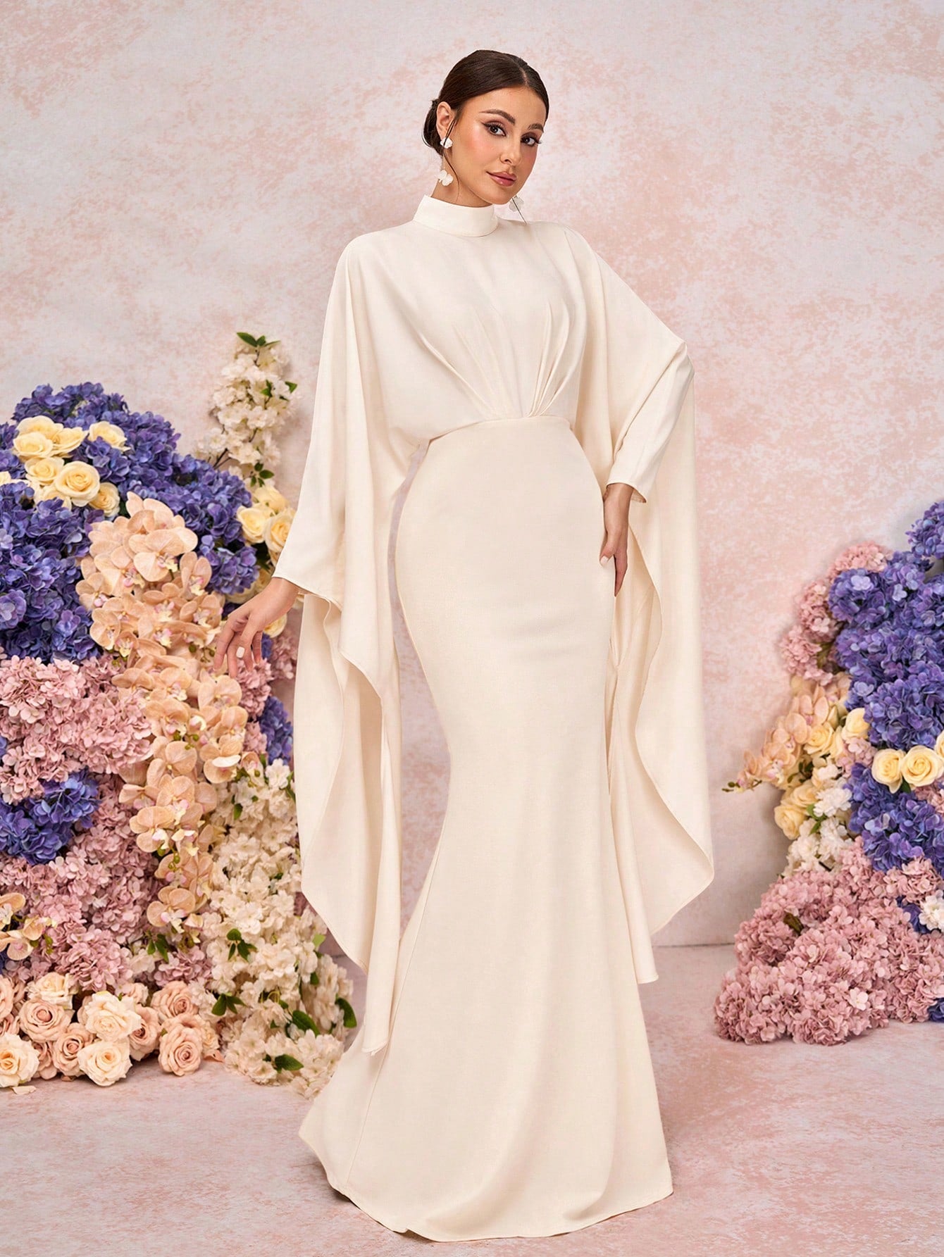 Belle Elegant White Summer Khaki Stand Collar Pleated Asymmetric Extra Long Sleeve Fitted Mermaid Wedding - image 4