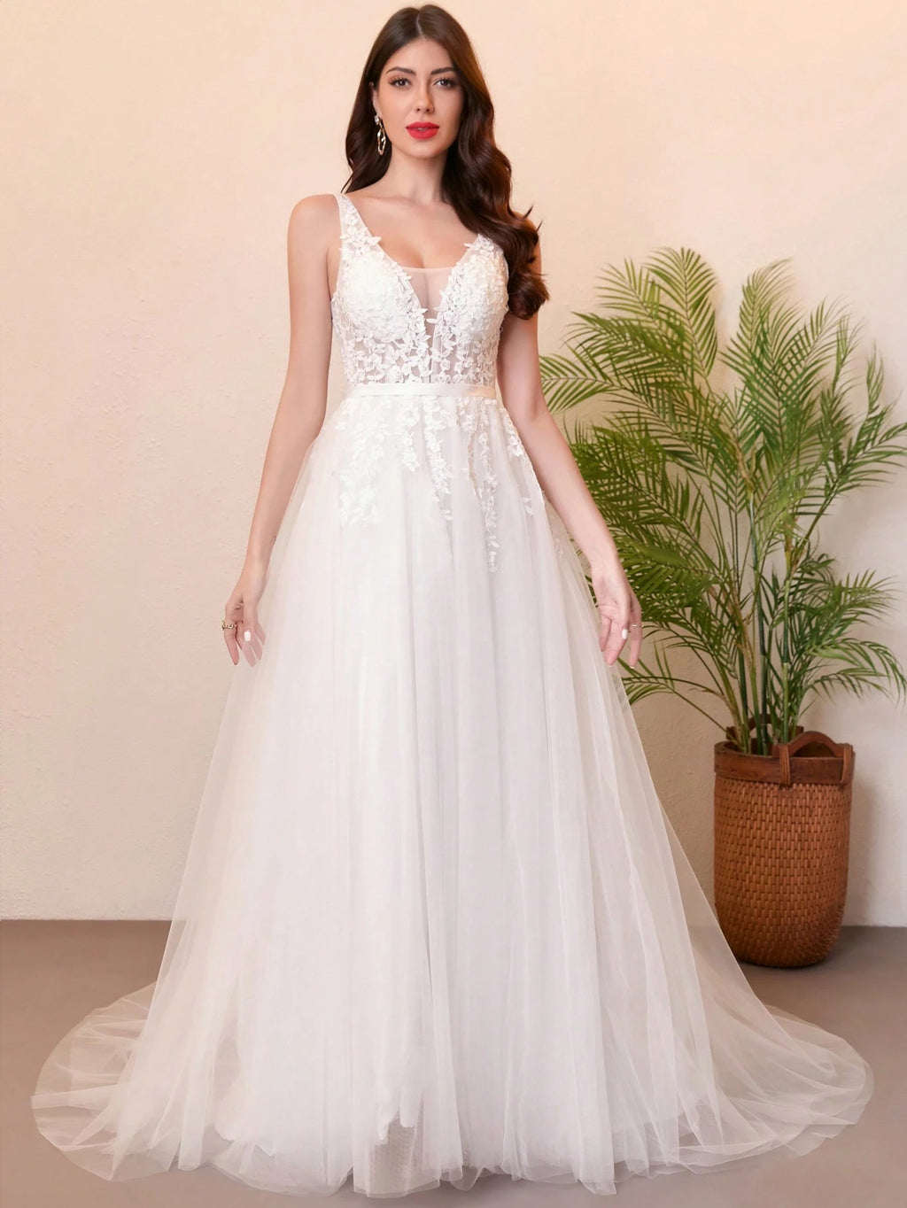 Elegant Deep V-Neck Lace Tulle Wedding Dress For Bride, Valentine's Day Spring Vacation - image 3