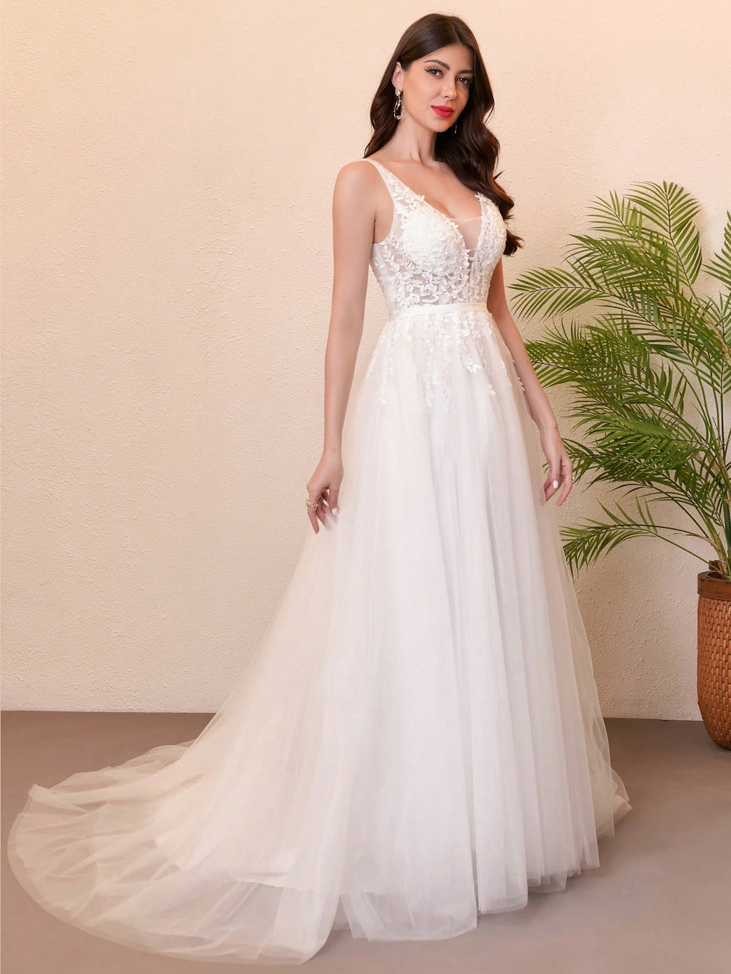 Elegant Deep V-Neck Lace Tulle Wedding Dress For Bride, Valentine's Day Spring Vacation - image 5