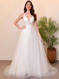 Elegant Deep V-Neck Lace Tulle Wedding Dress For Bride, Valentine's Day Spring Vacation