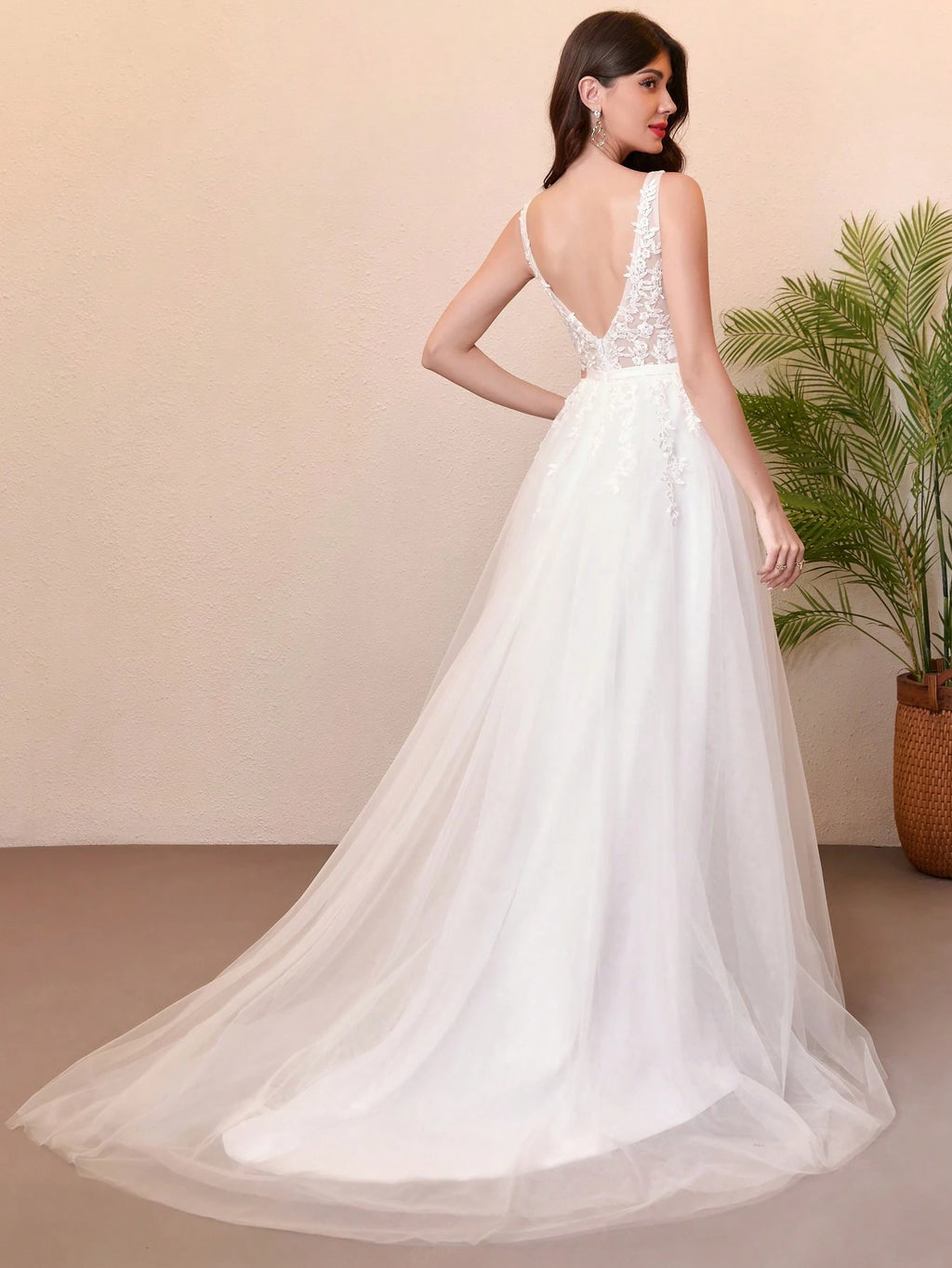 Elegant Deep V-Neck Lace Tulle Wedding Dress For Bride, Valentine's Day Spring Vacation - image 2