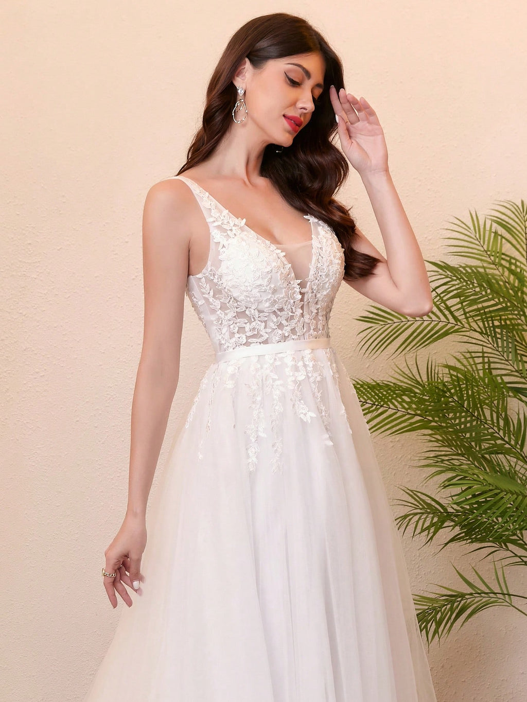 Elegant Deep V-Neck Lace Tulle Wedding Dress For Bride, Valentine's Day Spring Vacation - image 4