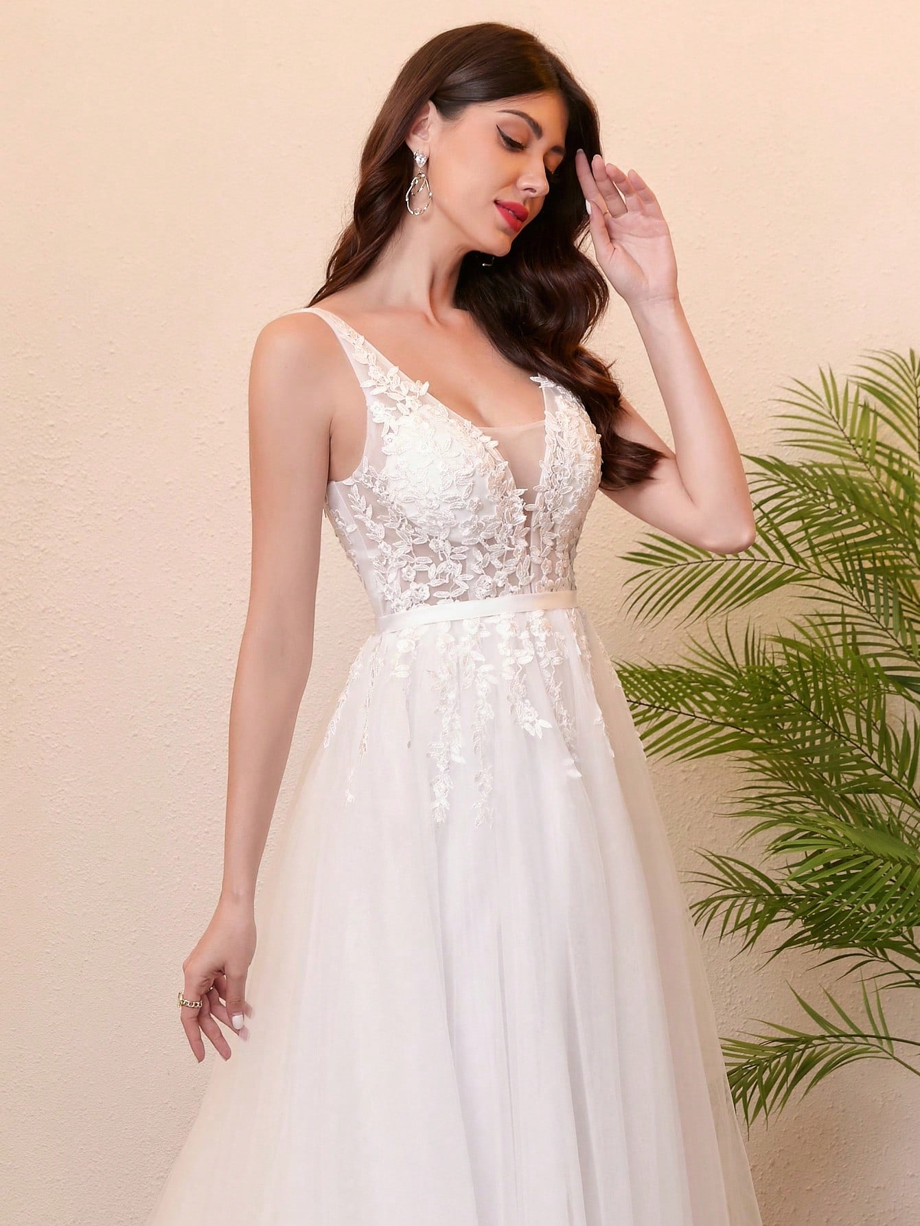 Elegant Deep V-Neck Lace Tulle Wedding Dress For Bride, Valentine's Day Spring Vacation - image 4