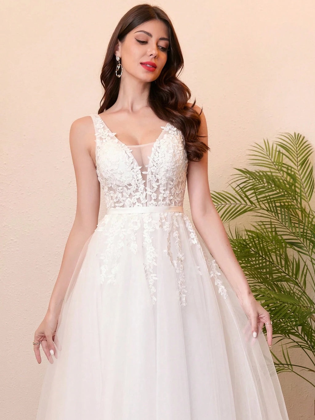 Elegant Deep V-Neck Lace Tulle Wedding Dress For Bride, Valentine's Day Spring Vacation - image 6