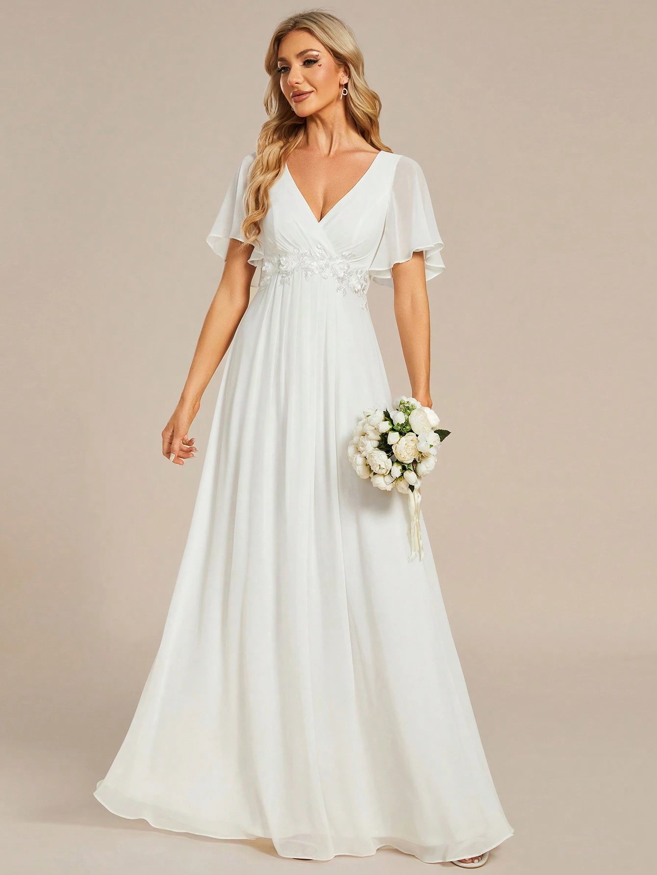 EVERPRETTY Elegant Chiffon V-Neck Short Sleeve Applique Party Dress, Bridal Wedding Gown, White Formal Dress, - image 5