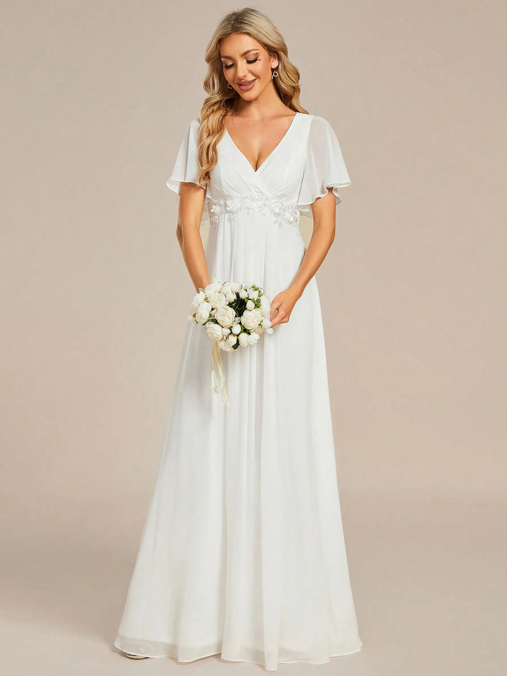 EVERPRETTY Elegant Chiffon V-Neck Short Sleeve Applique Party Dress, Bridal Wedding Gown, White Formal Dress, - image 3