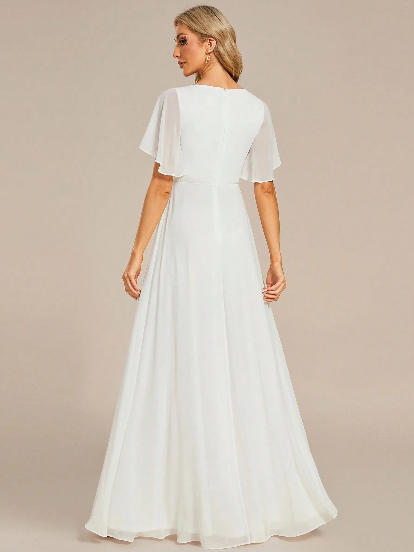 EVERPRETTY Elegant Chiffon V-Neck Short Sleeve Applique Party Dress, Bridal Wedding Gown, White Formal Dress, - image 2