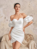 HEARBOBO Chic White Christmas Party Outfit Women, Off Shoulder Pom Pom Sleeve Wrap Dress, Noble & Cute Bridal