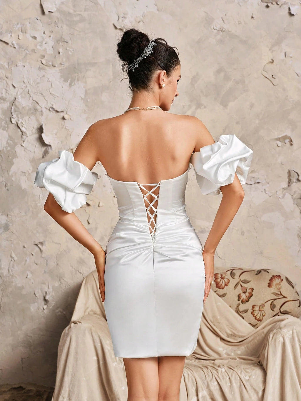 HEARBOBO Chic White Christmas Party Outfit Women, Off Shoulder Pom Pom Sleeve Wrap Dress, Noble & Cute Bridal - image 2