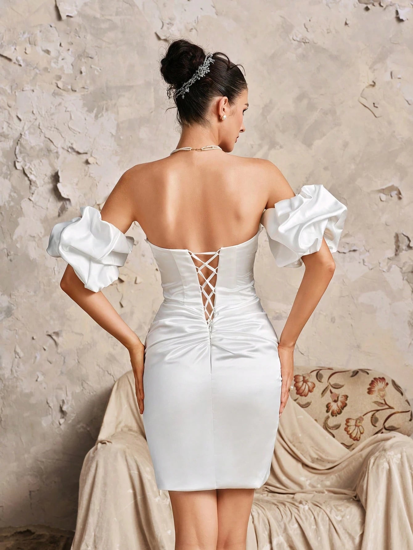 HEARBOBO Chic White Christmas Party Outfit Women, Off Shoulder Pom Pom Sleeve Wrap Dress, Noble & Cute Bridal - image 2