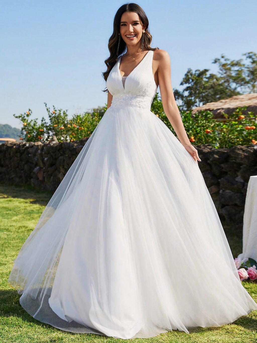 Sleeveless Waist Applique Criss-Cross Backless Tulle Wedding Dress White - image 5