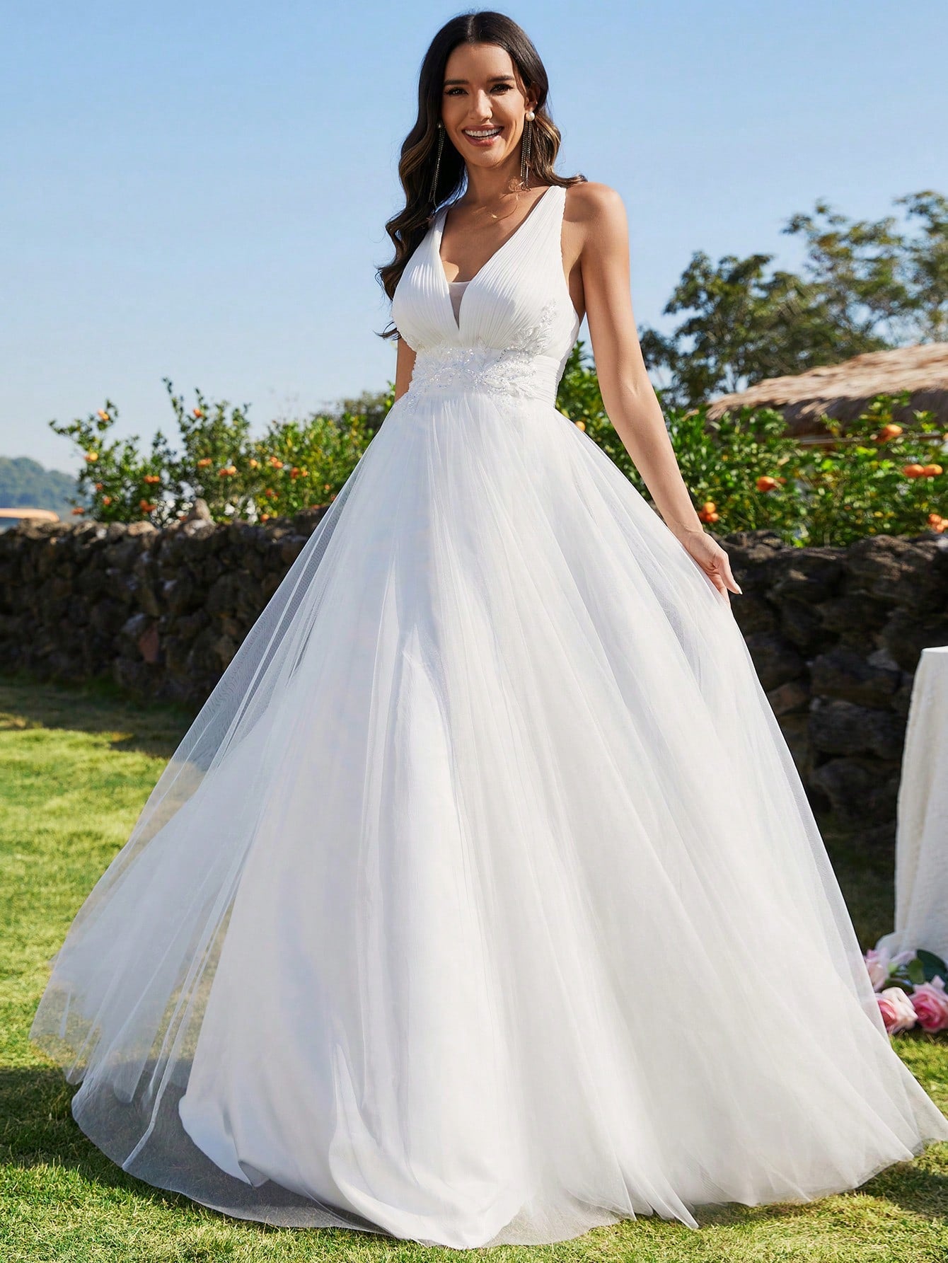 Sleeveless Waist Applique Criss-Cross Backless Tulle Wedding Dress White - image 5