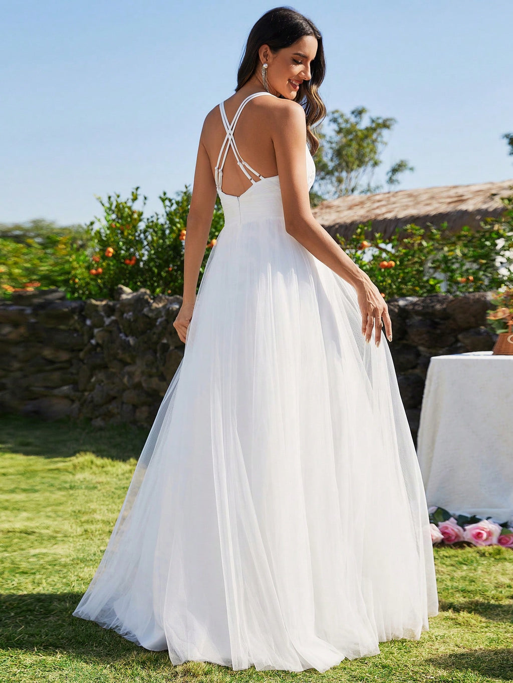 Sleeveless Waist Applique Criss-Cross Backless Tulle Wedding Dress White - image 2
