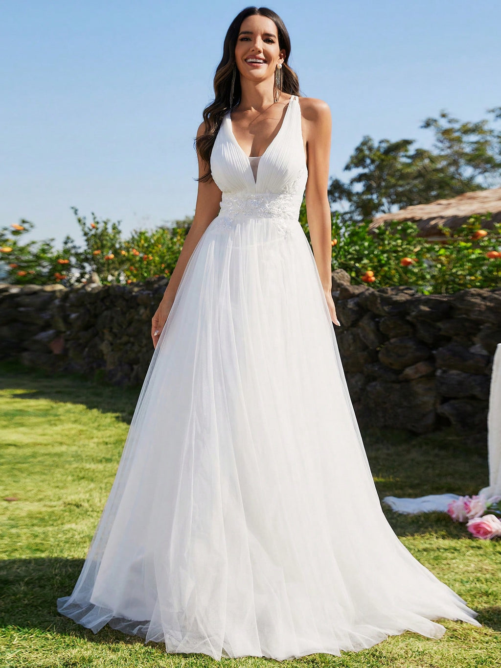 Sleeveless Waist Applique Criss-Cross Backless Tulle Wedding Dress White - image 4