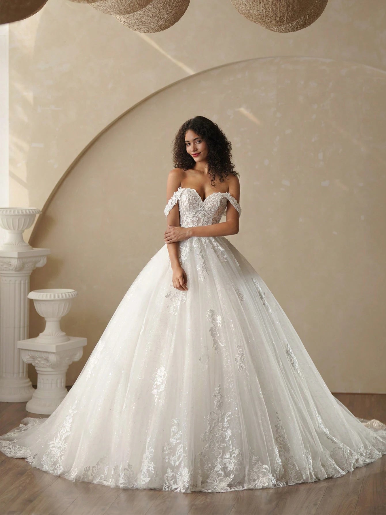 Shiny Prom Dress, Off-Shoulder Sequin Lace Wedding Dress, Bridal Gown Elegant