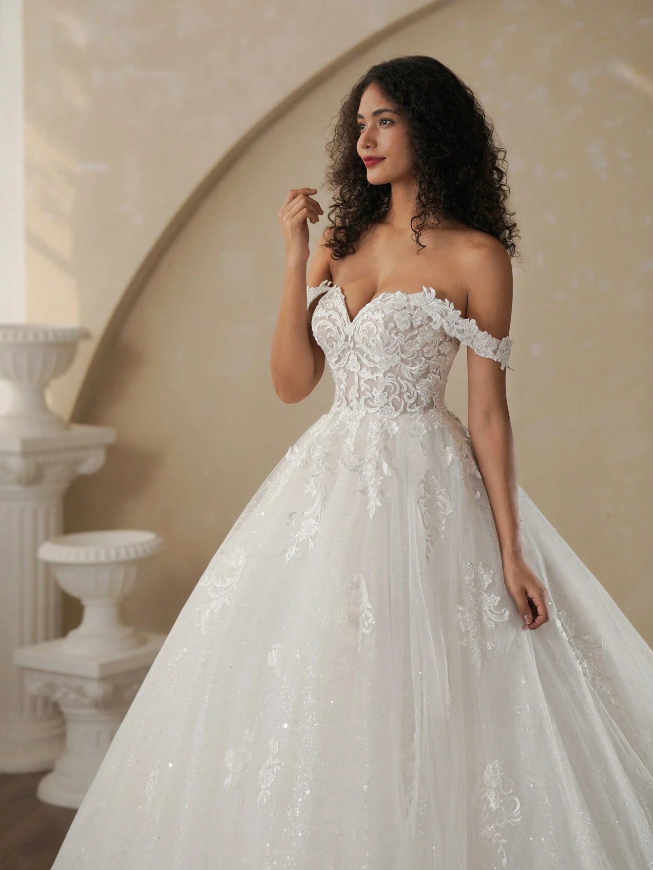 Shiny Prom Dress, Off-Shoulder Sequin Lace Wedding Dress, Bridal Gown Elegant - image 2