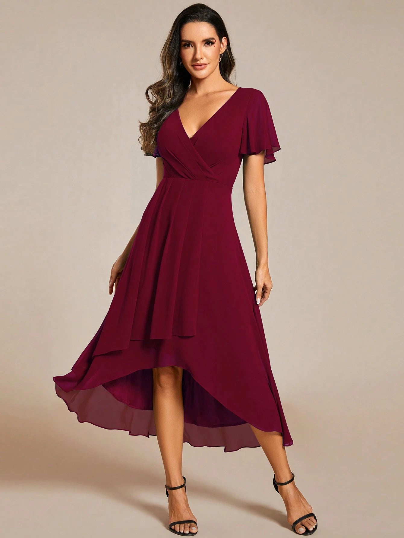 EVERPRETTY Elegant Ruffle Hem Contrast Color A-Line Mid-Length