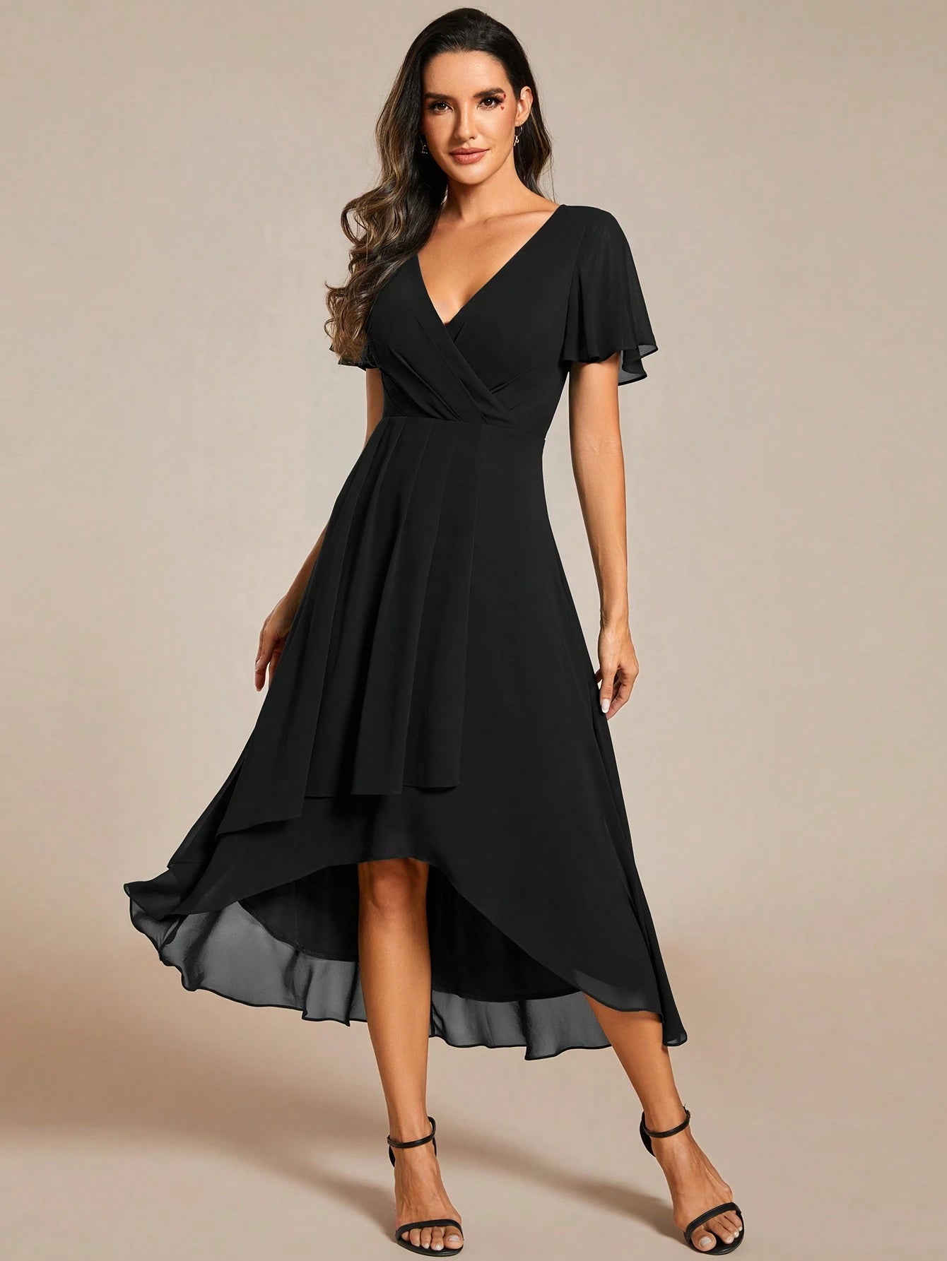 EVERPRETTY Elegant Ruffle Hem Contrast Color A-Line Mid-Length Chiffon Light Pink Bridesmaid Dress, Wedding - image 11