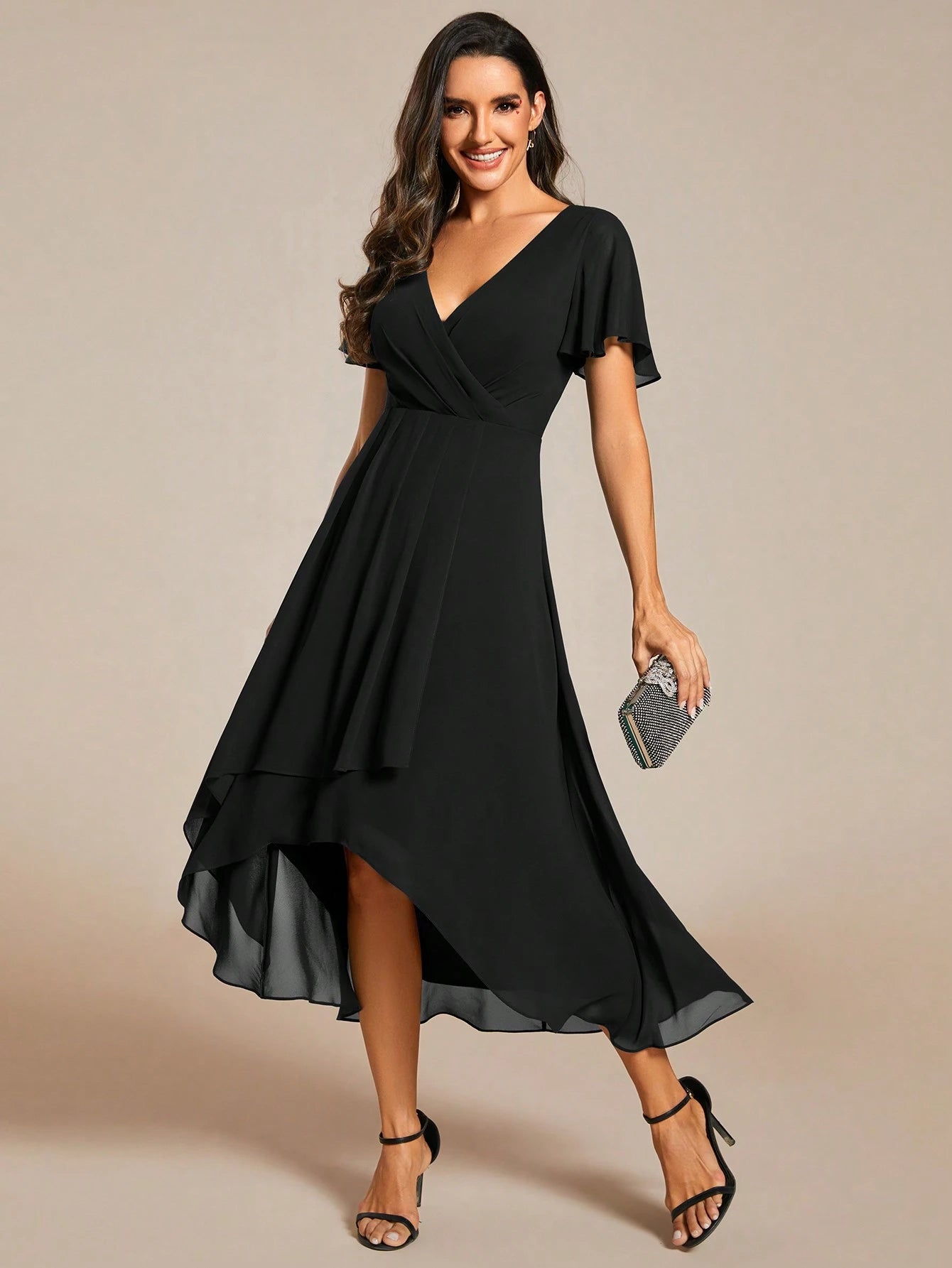 EVERPRETTY Elegant Ruffle Hem Contrast Color A-Line Mid-Length Chiffon Light Pink Bridesmaid Dress, Wedding - image 13