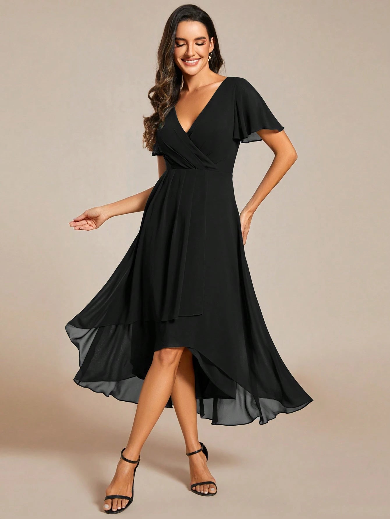 EVERPRETTY Elegant Ruffle Hem Contrast Color A-Line Mid-Length Chiffon Light Pink Bridesmaid Dress, Wedding - image 14