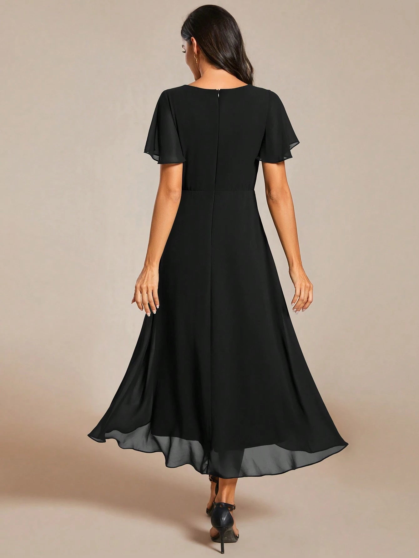 EVERPRETTY Elegant Ruffle Hem Contrast Color A-Line Mid-Length Chiffon Light Pink Bridesmaid Dress, Wedding - image 12