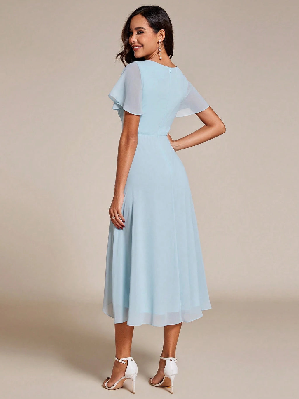 EVERPRETTY Elegant Ruffle Hem Contrast Color A-Line Mid-Length Chiffon Light Pink Bridesmaid Dress, Wedding - image 18