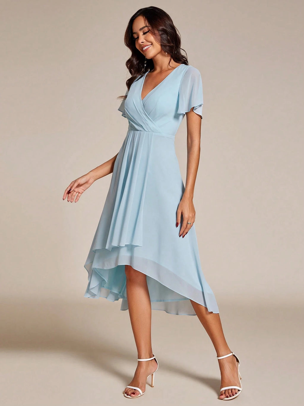 EVERPRETTY Elegant Ruffle Hem Contrast Color A-Line Mid-Length Chiffon Light Pink Bridesmaid Dress, Wedding - image 19