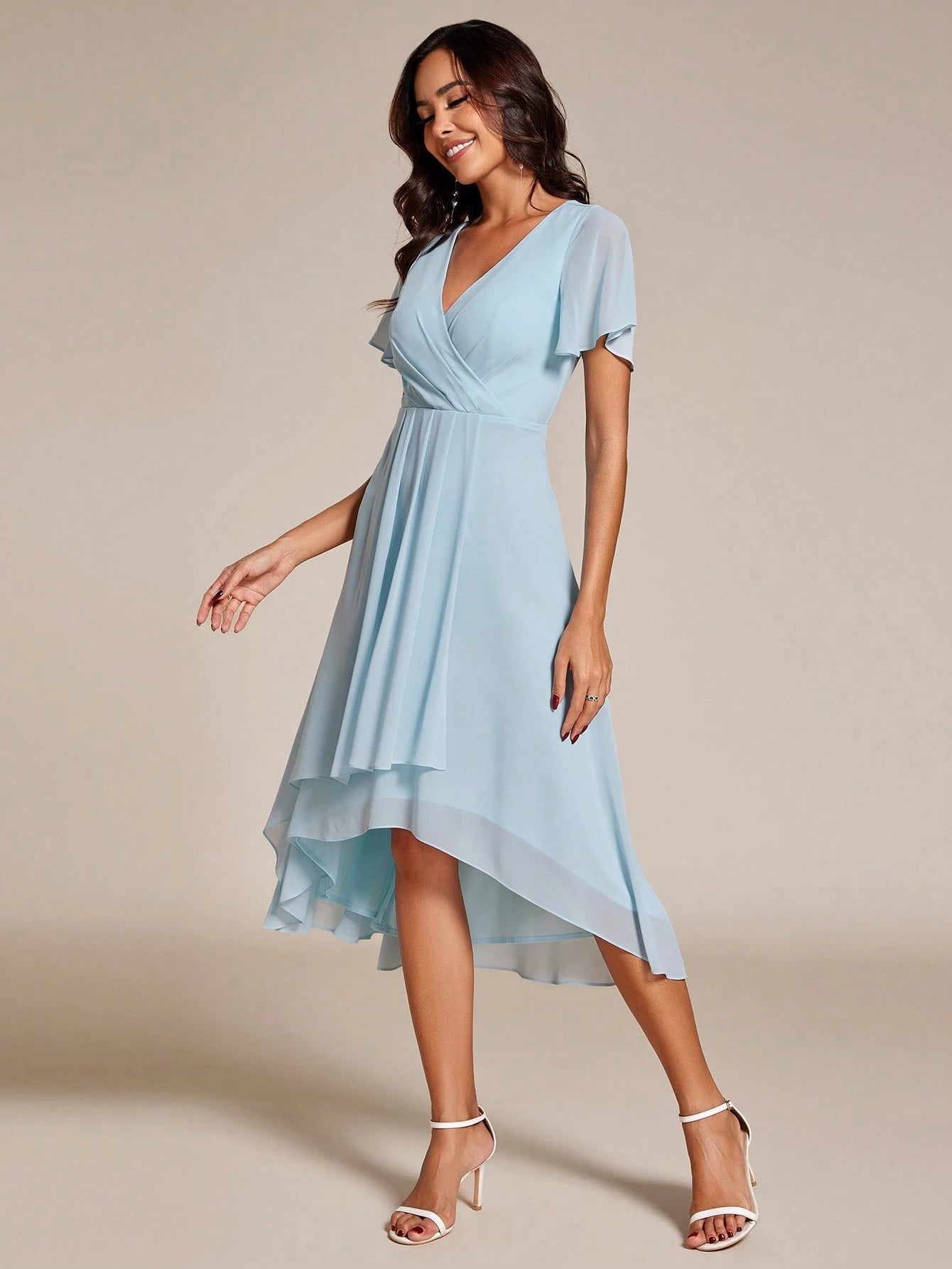 EVERPRETTY Elegant Ruffle Hem Contrast Color A-Line Mid-Length Chiffon Light Pink Bridesmaid Dress, Wedding - image 19