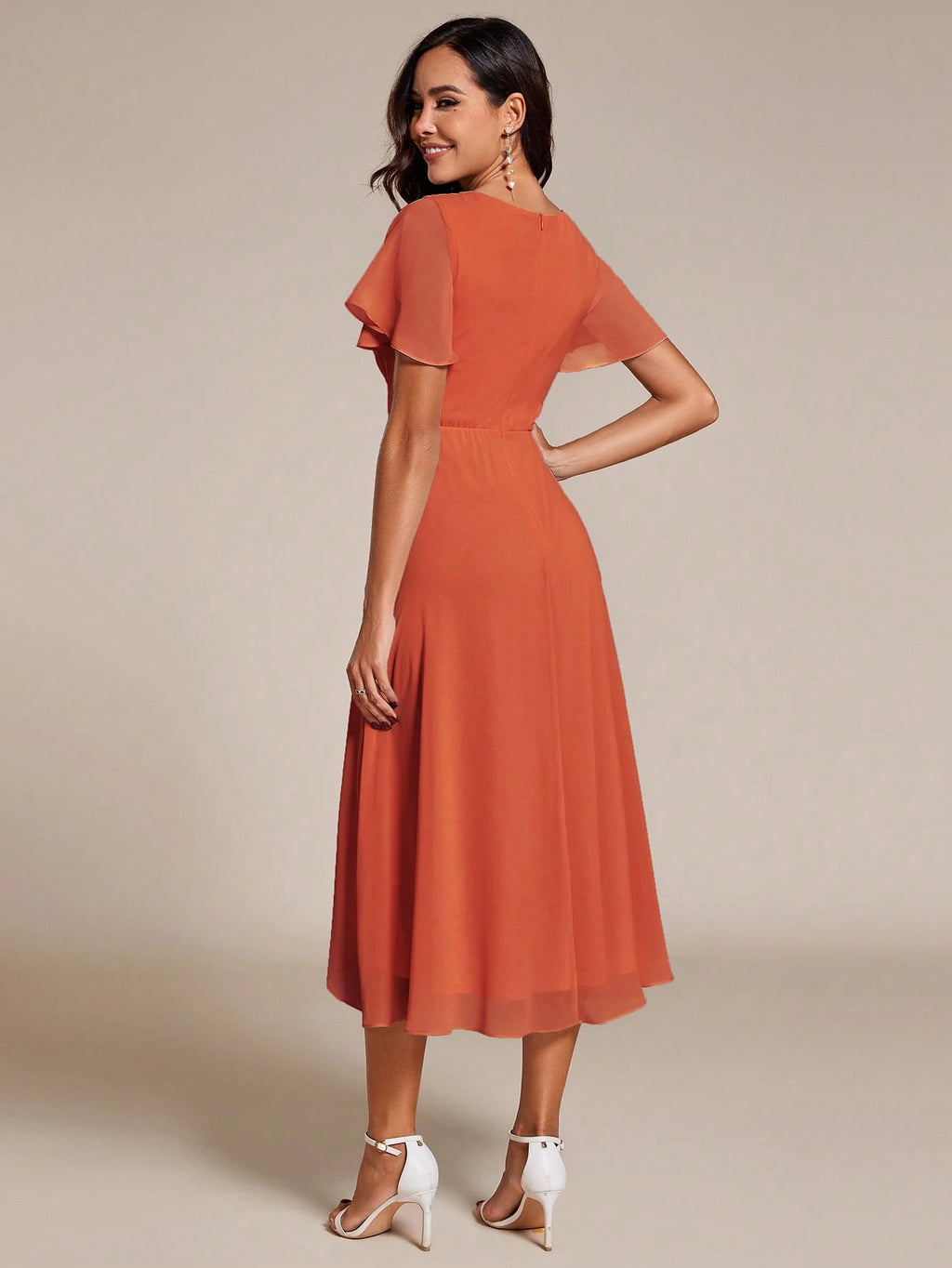 EVERPRETTY Elegant Ruffle Hem Contrast Color A-Line Mid-Length Chiffon Light Pink Bridesmaid Dress, Wedding - image 2