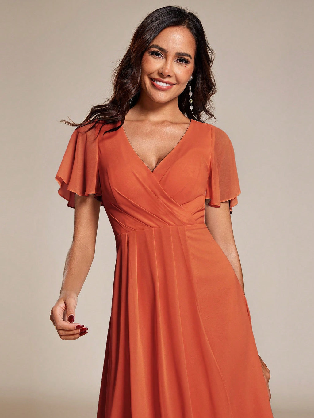 EVERPRETTY Elegant Ruffle Hem Contrast Color A-Line Mid-Length Chiffon Light Pink Bridesmaid Dress, Wedding - image 5