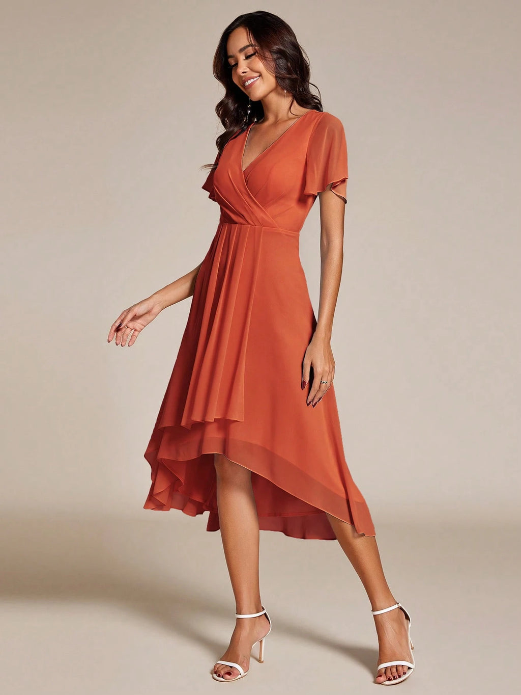 EVERPRETTY Elegant Ruffle Hem Contrast Color A-Line Mid-Length Chiffon Light Pink Bridesmaid Dress, Wedding - image 3