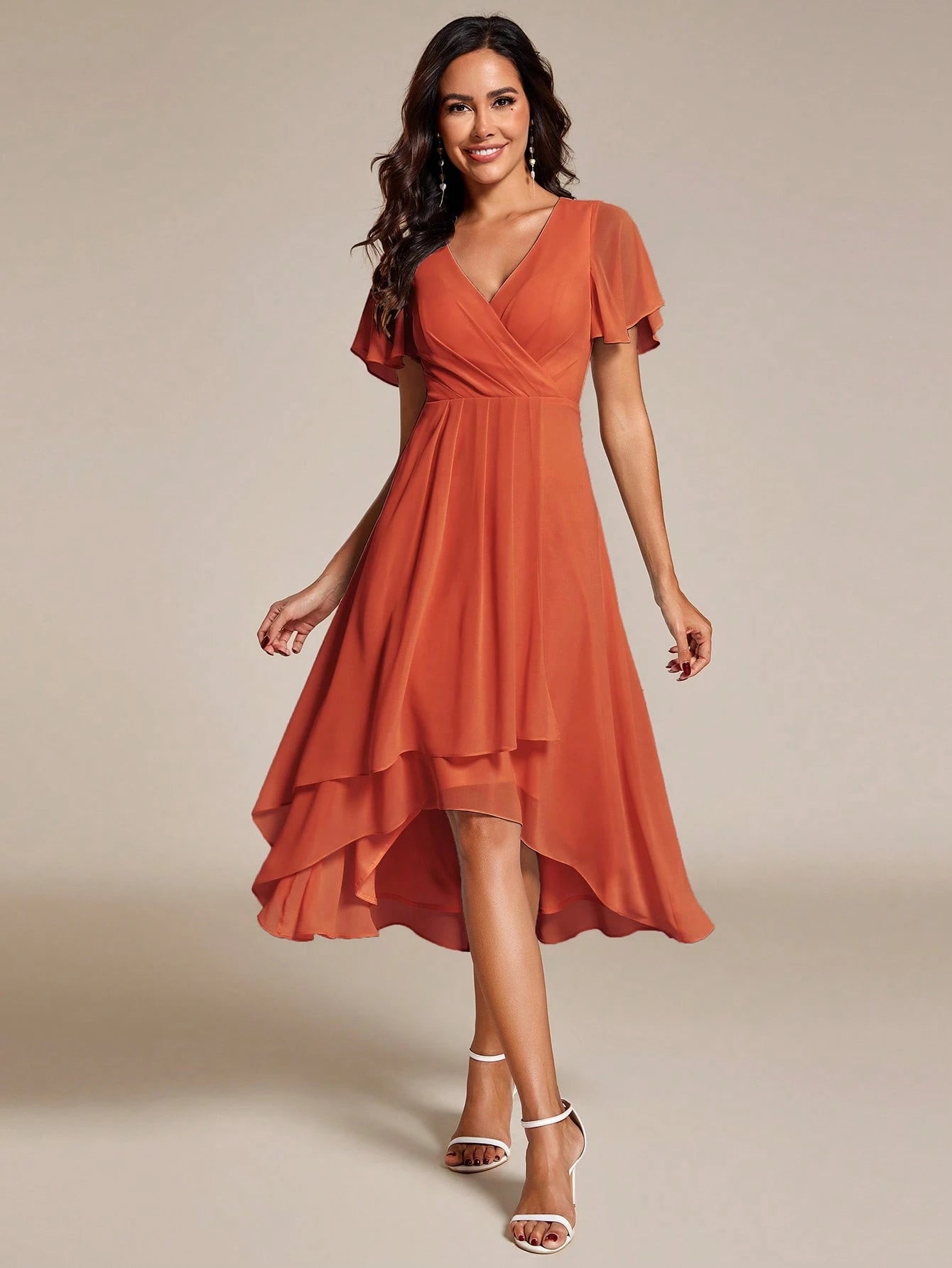 EVERPRETTY Elegant Ruffle Hem Contrast Color A-Line Mid-Length Chiffon Light Pink Bridesmaid Dress, Wedding - image 6