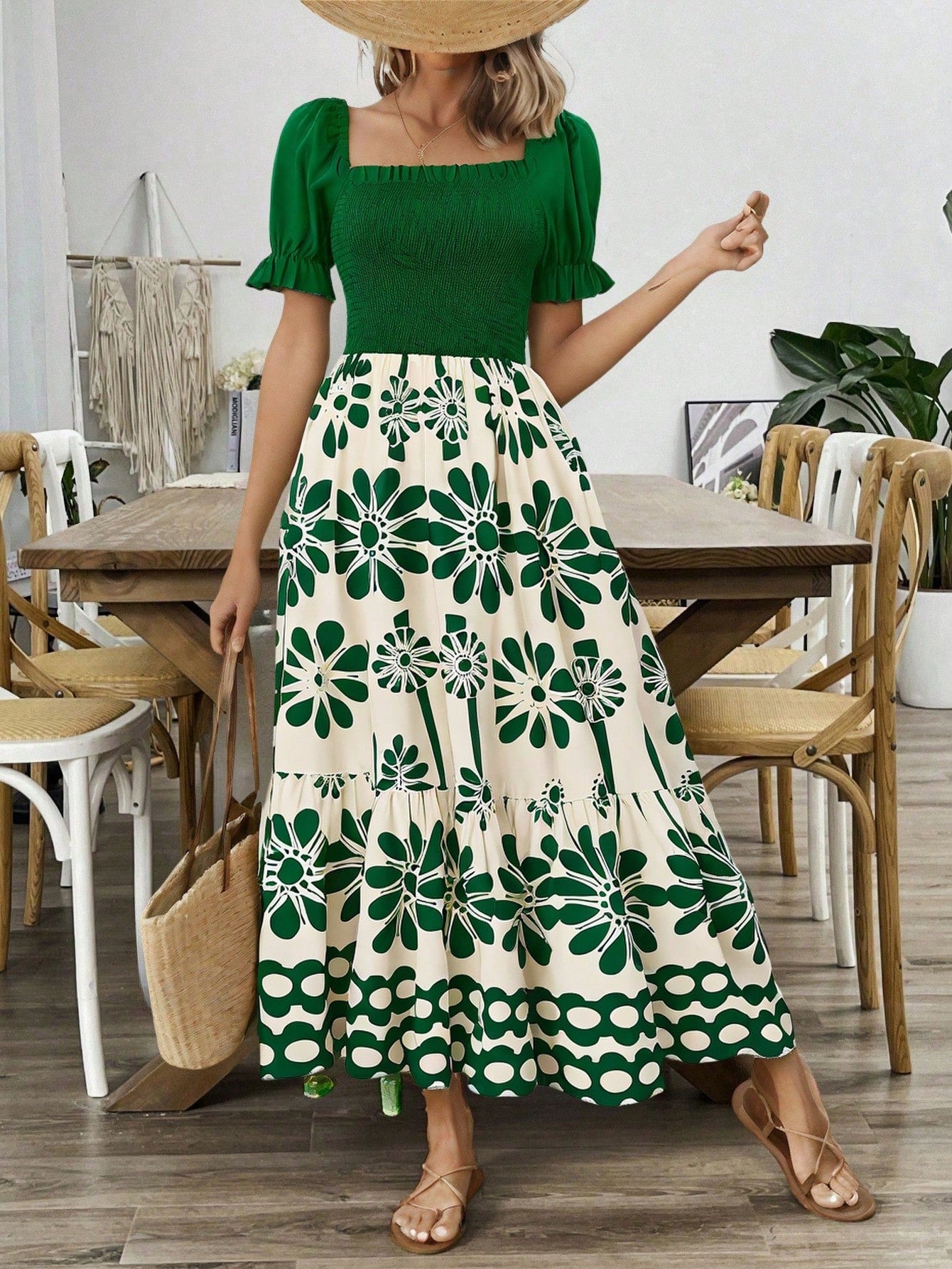 Women's Summer Vacation Floral Bright Print Waist Patchwork Dress,