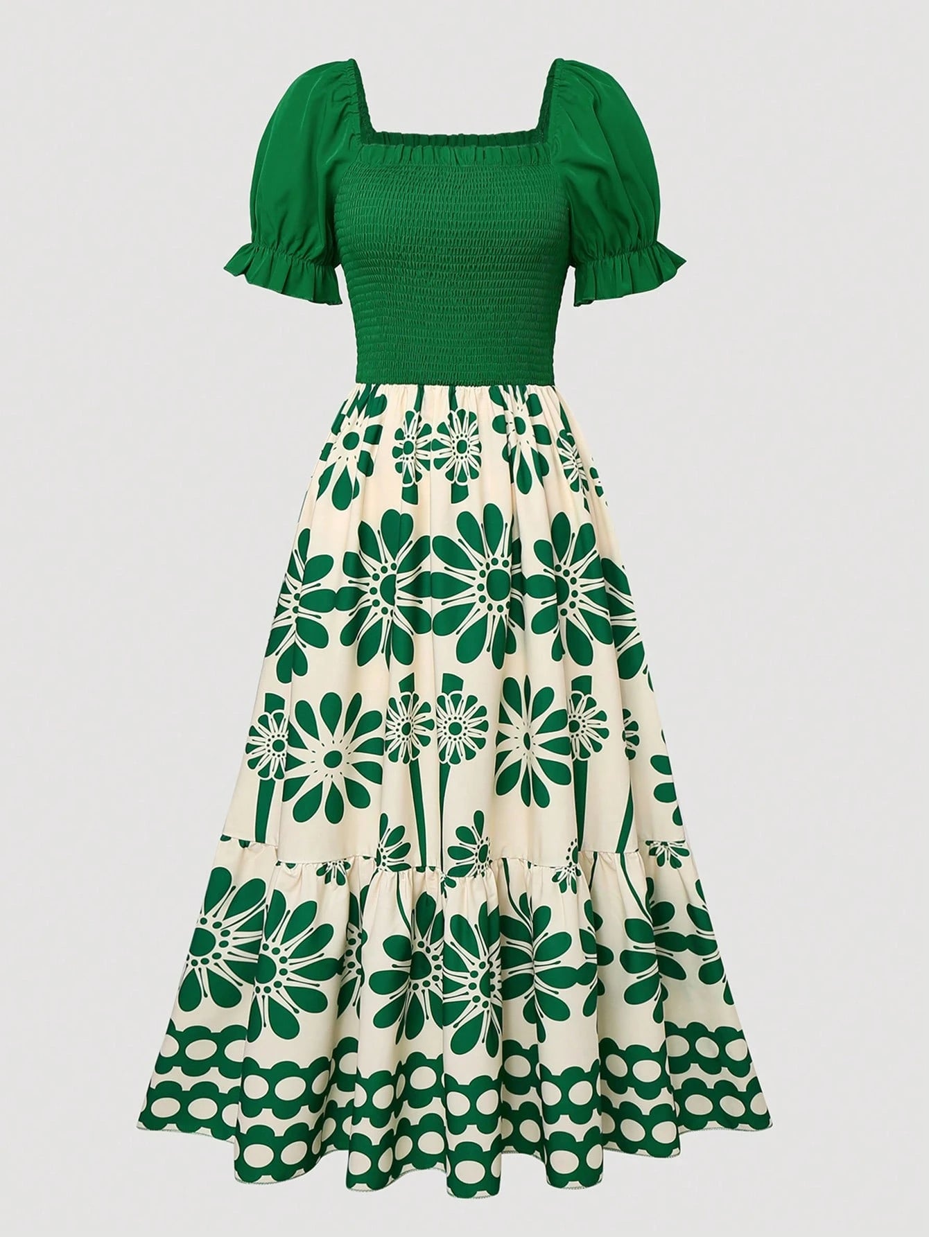 Women's Summer Vacation Floral Bright Print Waist Patchwork Dress,