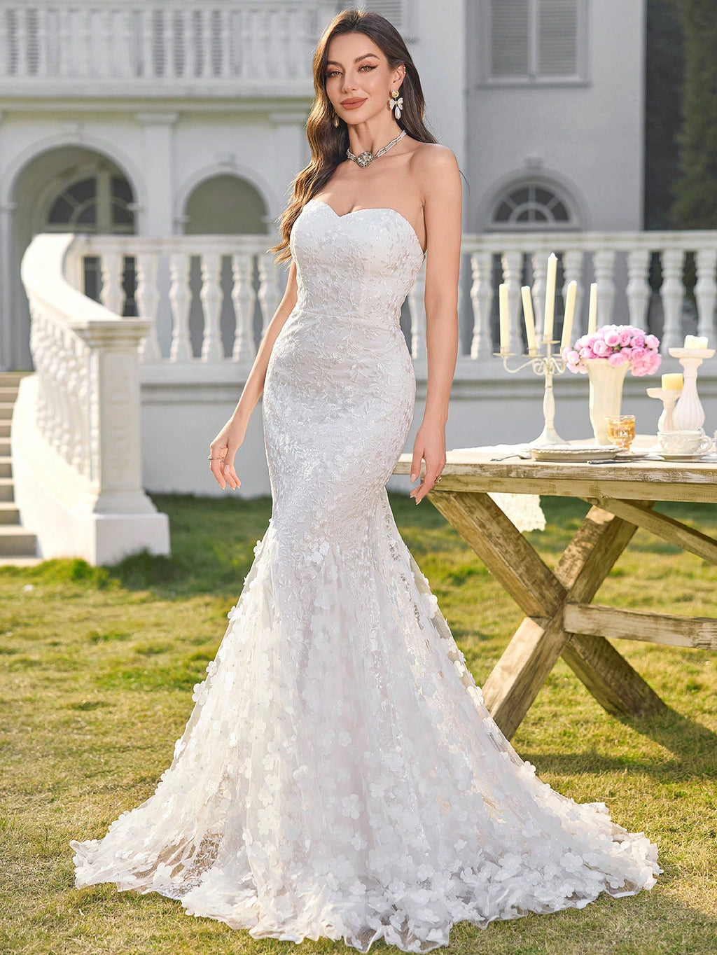 UNITHORSE Women Lace Patchwork Strapless Backless Elegant Fish Tail Wedding Gown Dress,Bride, All White Party - image 8