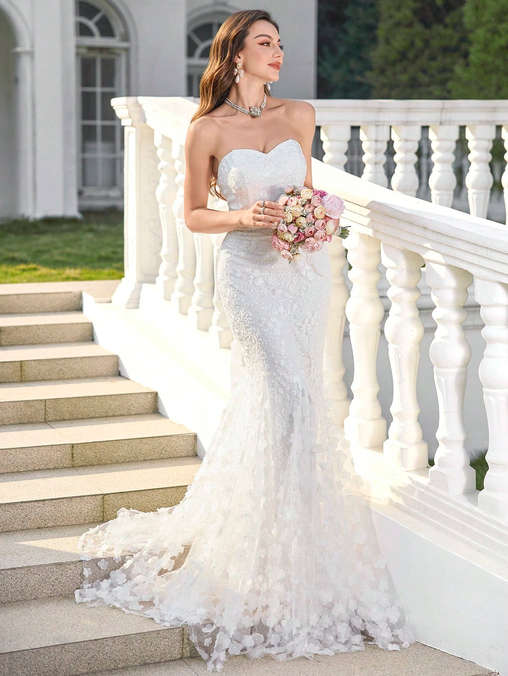 UNITHORSE Women Lace Patchwork Strapless Backless Elegant Fish Tail Wedding Gown Dress,Bride, All White Party - image 7