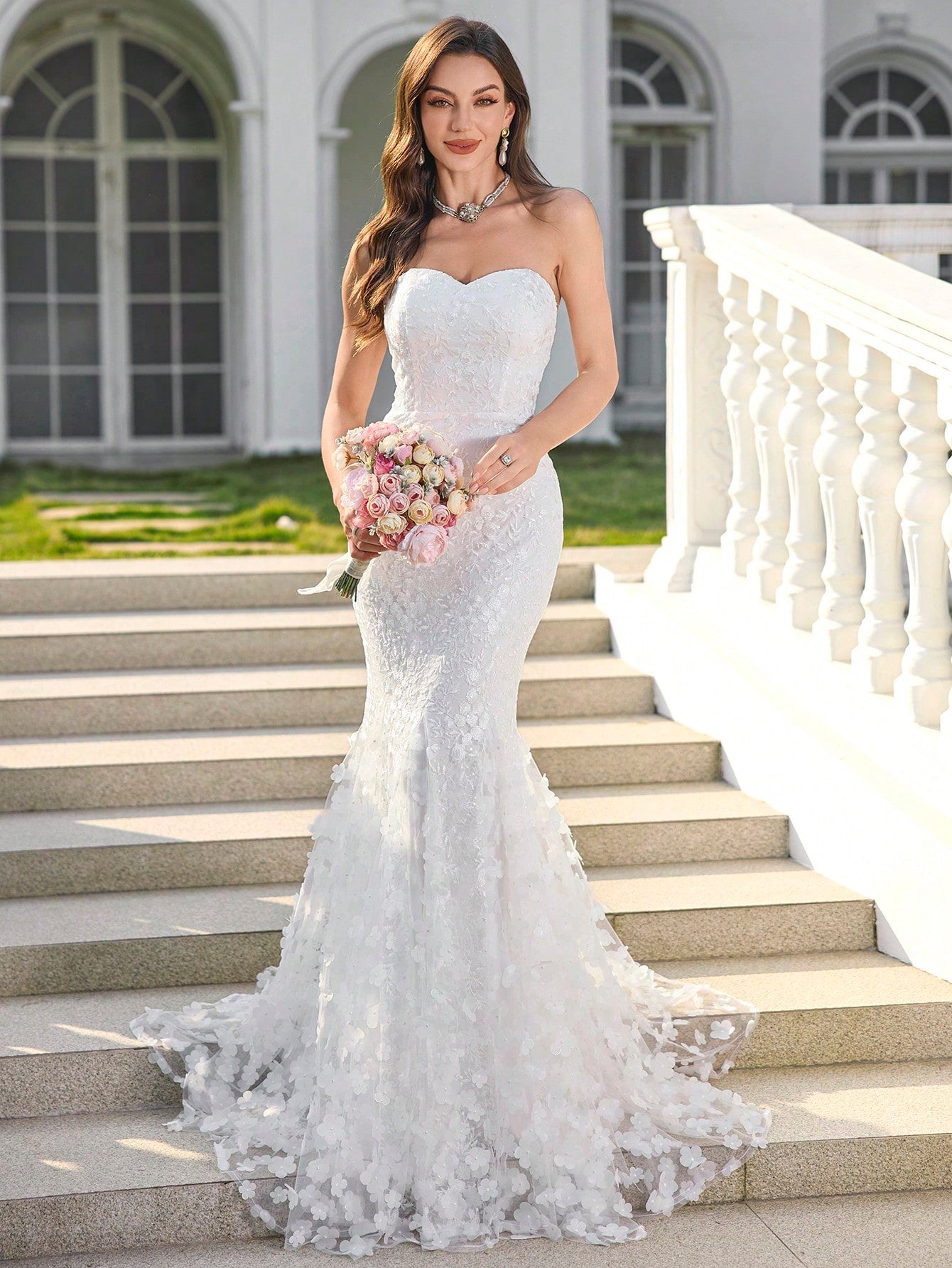 UNITHORSE Women Lace Patchwork Strapless Backless Elegant Fish Tail Wedding Gown Dress,Bride, All White Party - image 6
