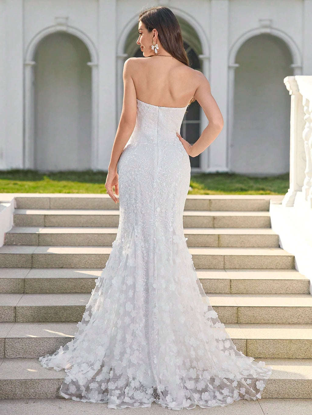 UNITHORSE Women Lace Patchwork Strapless Backless Elegant Fish Tail Wedding Gown Dress,Bride, All White Party - image 4