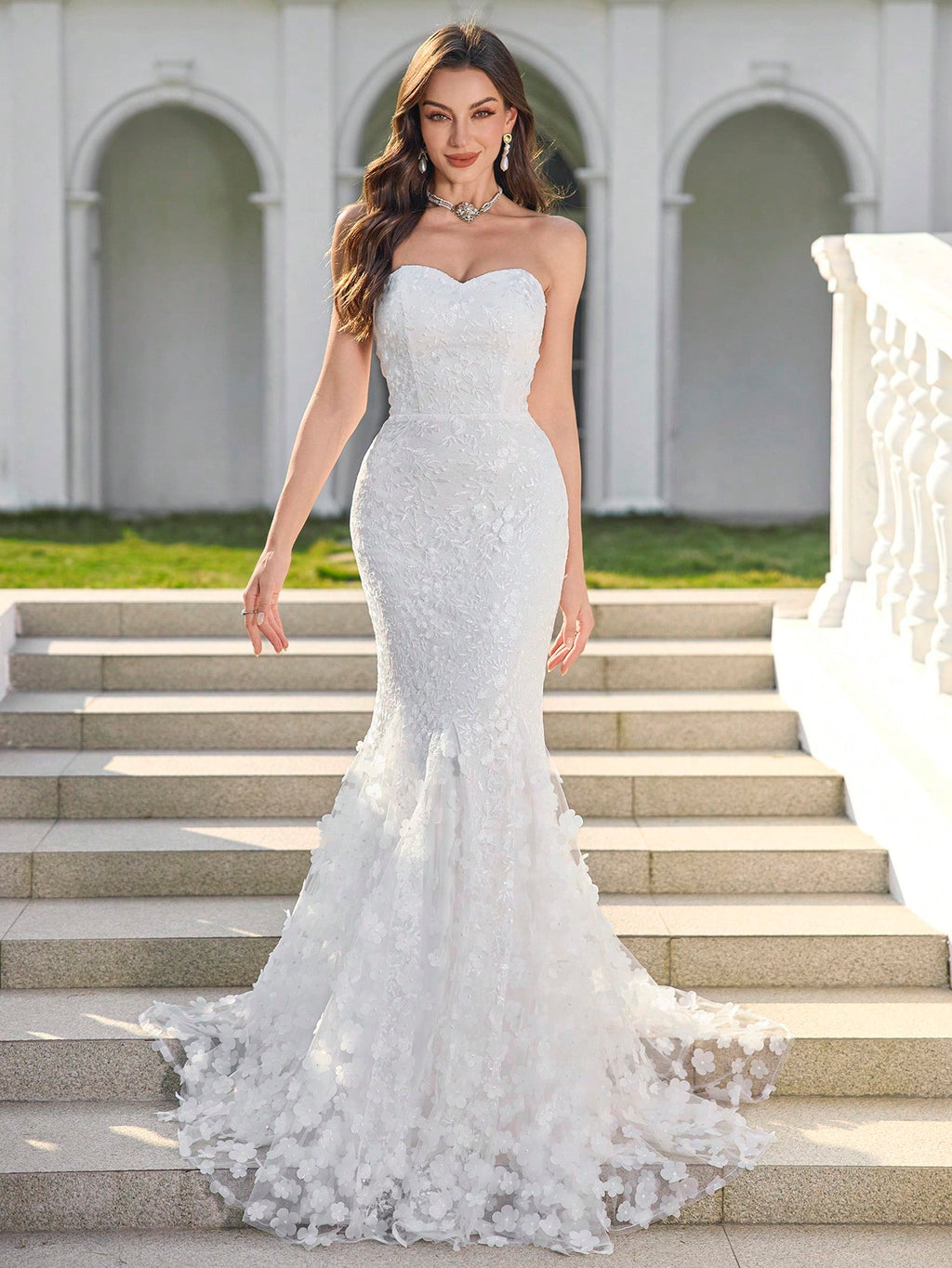 UNITHORSE Women Lace Patchwork Strapless Backless Elegant Fish Tail Wedding Gown Dress,Bride, All White Party - image 5
