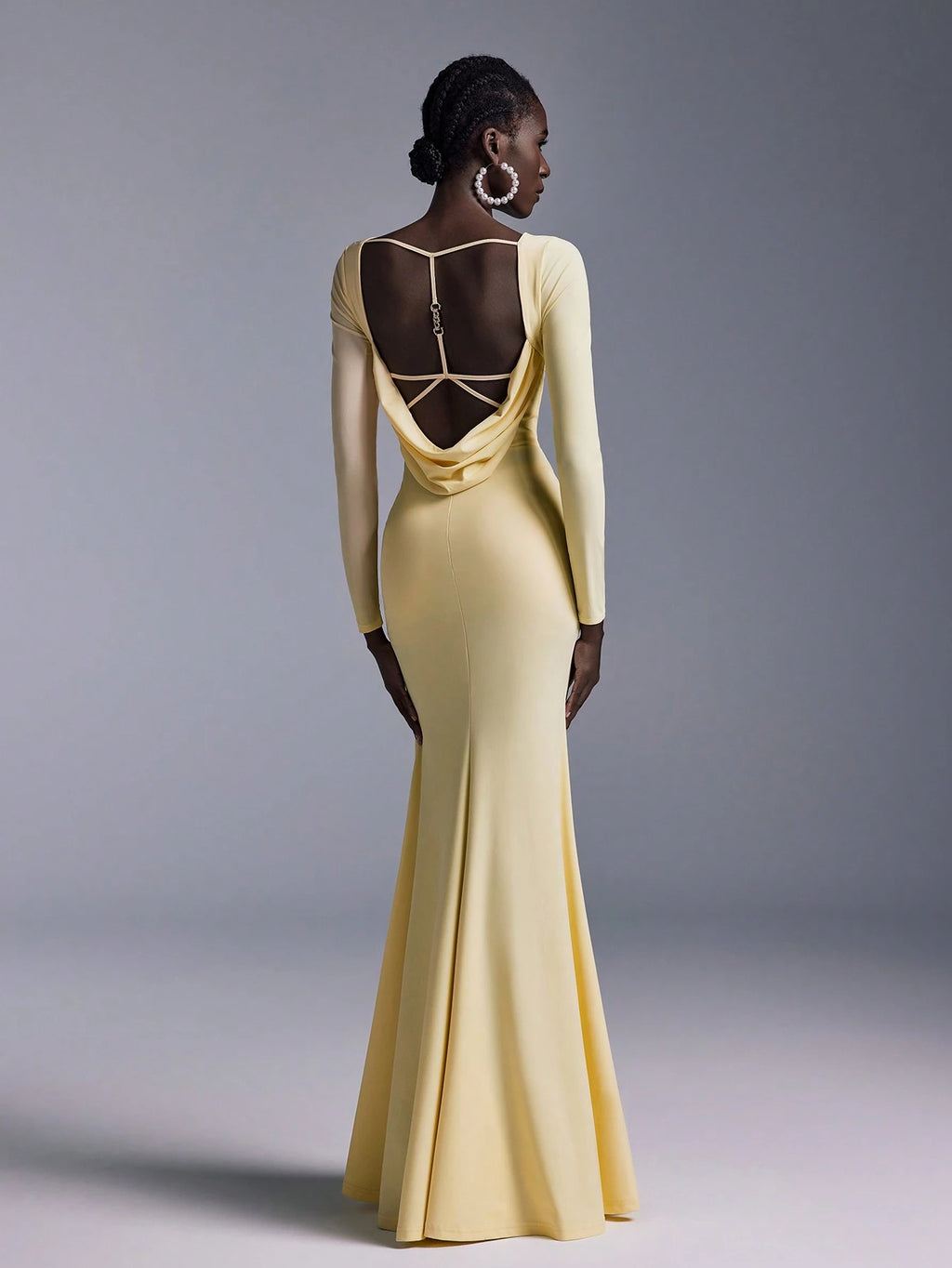 Elitara Elegant Glamorous Backless Long Sleeve Mermaid Dress,Light Yellow Spring Evening Wedding Stretchy - image 3