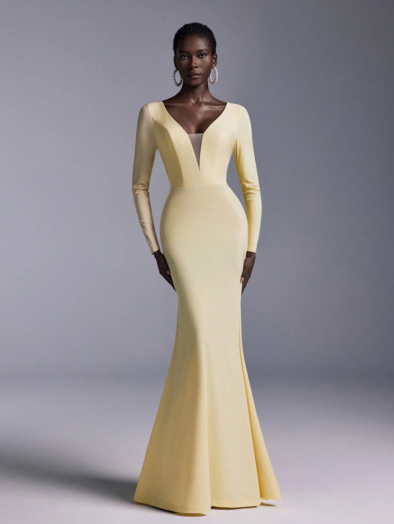 Elitara Elegant Glamorous Backless Long Sleeve Mermaid Dress,Light Yellow Spring Evening Wedding Stretchy - image 7