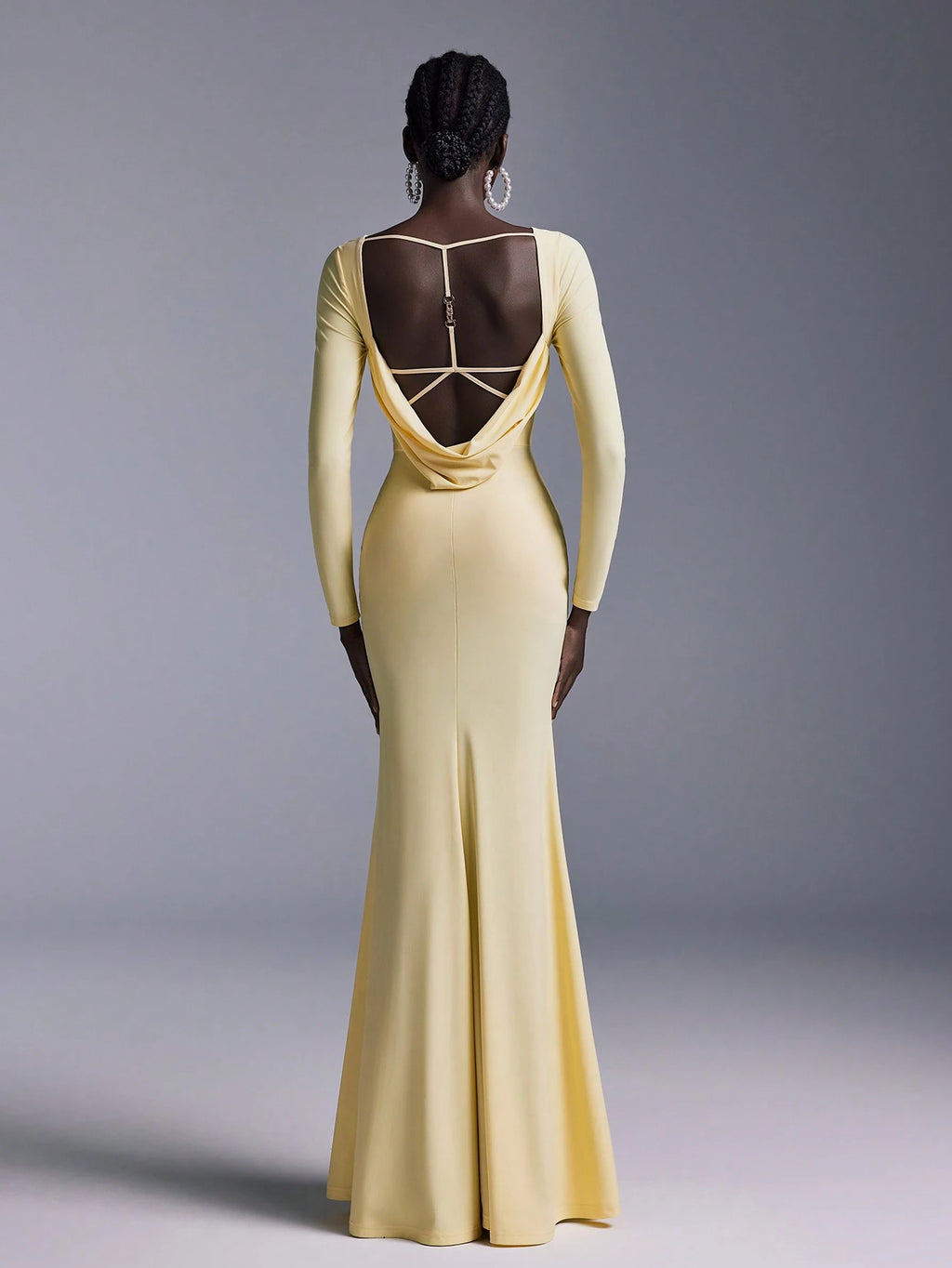 Elitara Elegant Glamorous Backless Long Sleeve Mermaid Dress,Light Yellow Spring Evening Wedding Stretchy - image 4