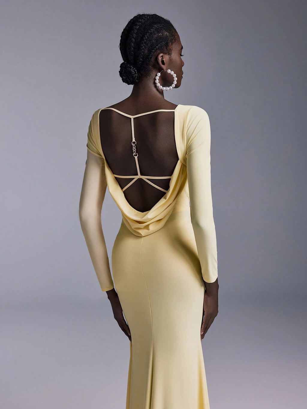 Elitara Elegant Glamorous Backless Long Sleeve Mermaid Dress,Light Yellow Spring Evening Wedding Stretchy