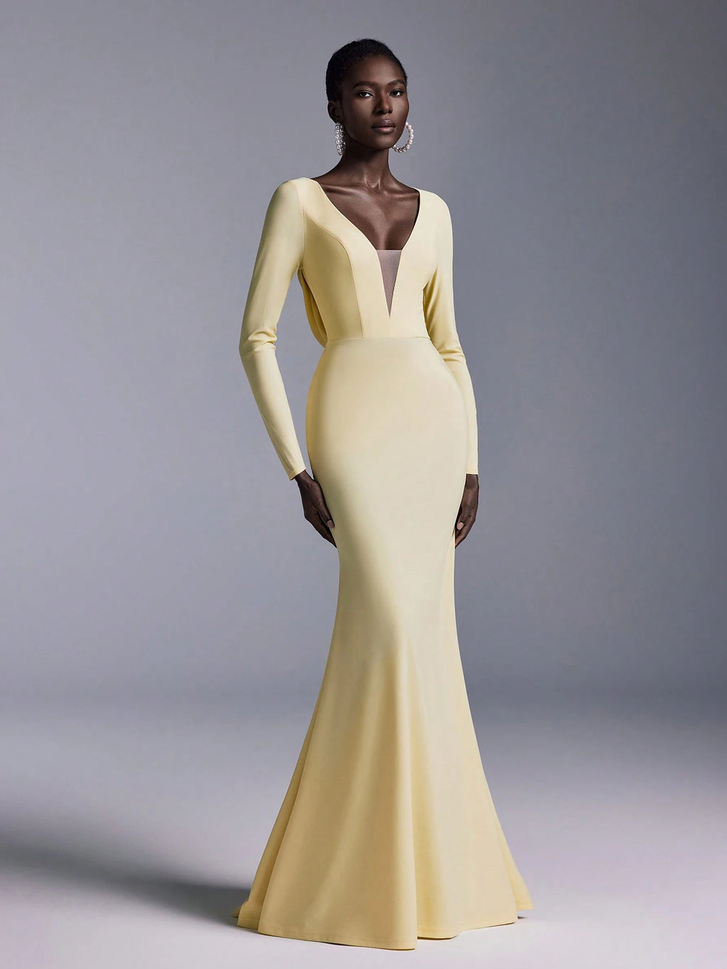 Elitara Elegant Glamorous Backless Long Sleeve Mermaid Dress,Light Yellow Spring Evening Wedding Stretchy - image 2